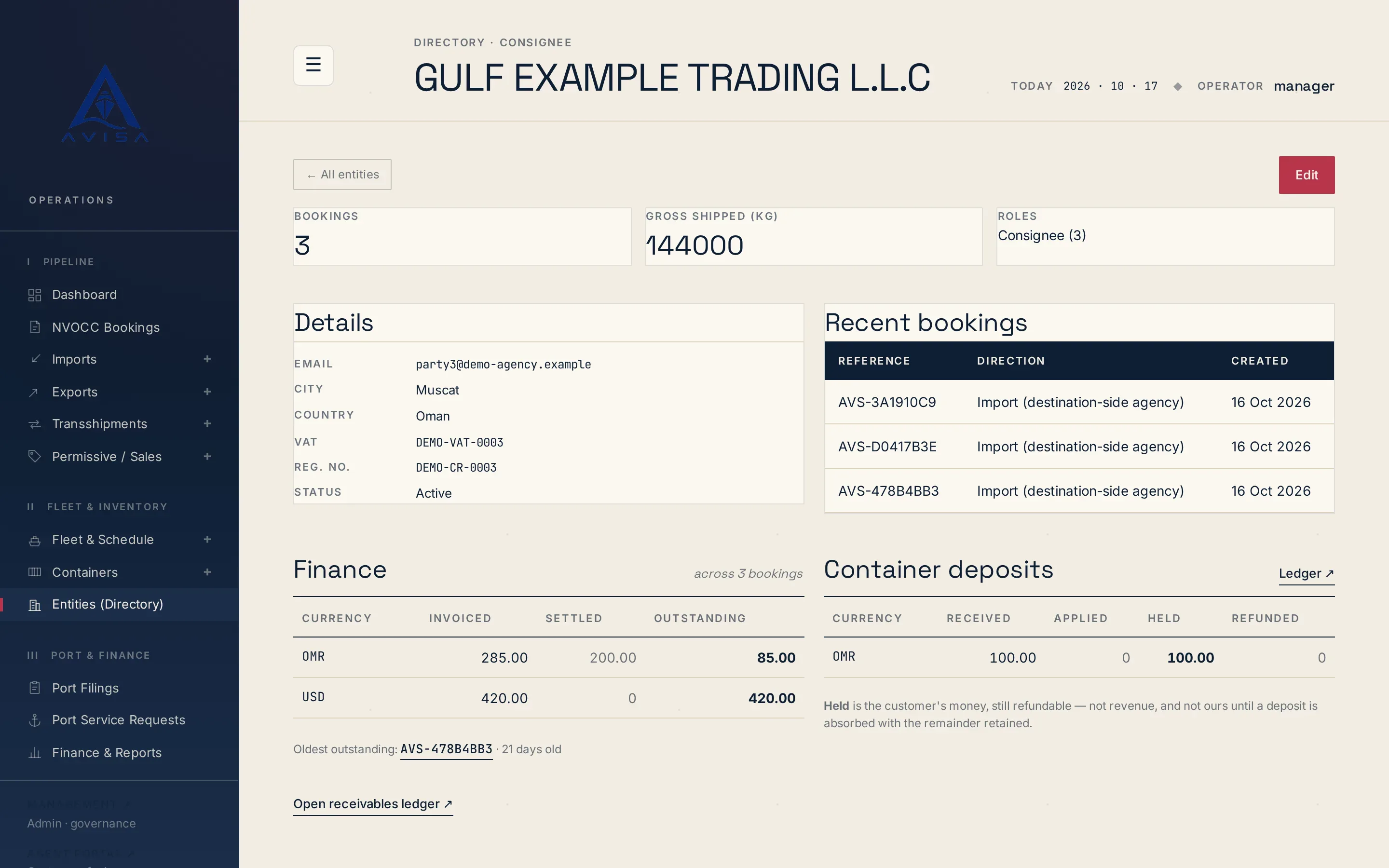 A customer's entry in AVISA's directory, with its bookings, what it owes in each currency and its container deposits